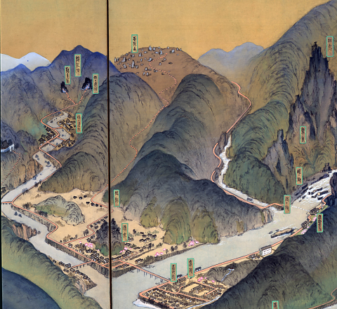 鳥瞰図「名勝萩と長門峡之図」（1932年 萩博物館蔵）の一部