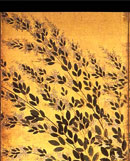 Folding screen with a minutely detailed description of Japanese bush clovers and Japanese pampas grass on it by Hasegawa Tohaku