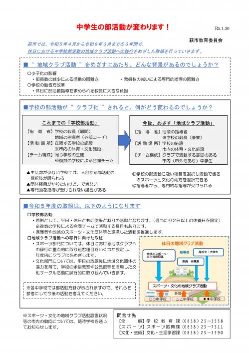 中学生の部活動が変わります