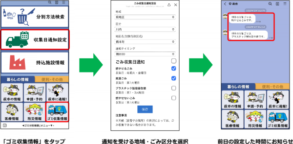 ゴミ収集情報収集日通知設定の流れ
